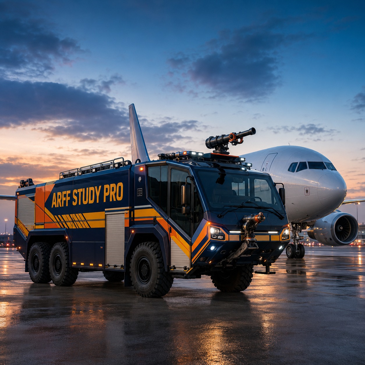 ARFF Study Pro aircraft rescue and firefighting vehicle beside a commercial aircraft